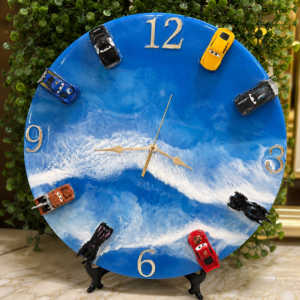 Handcrafted Resin Car-Themed Wall Clock | Ocean Wave Design